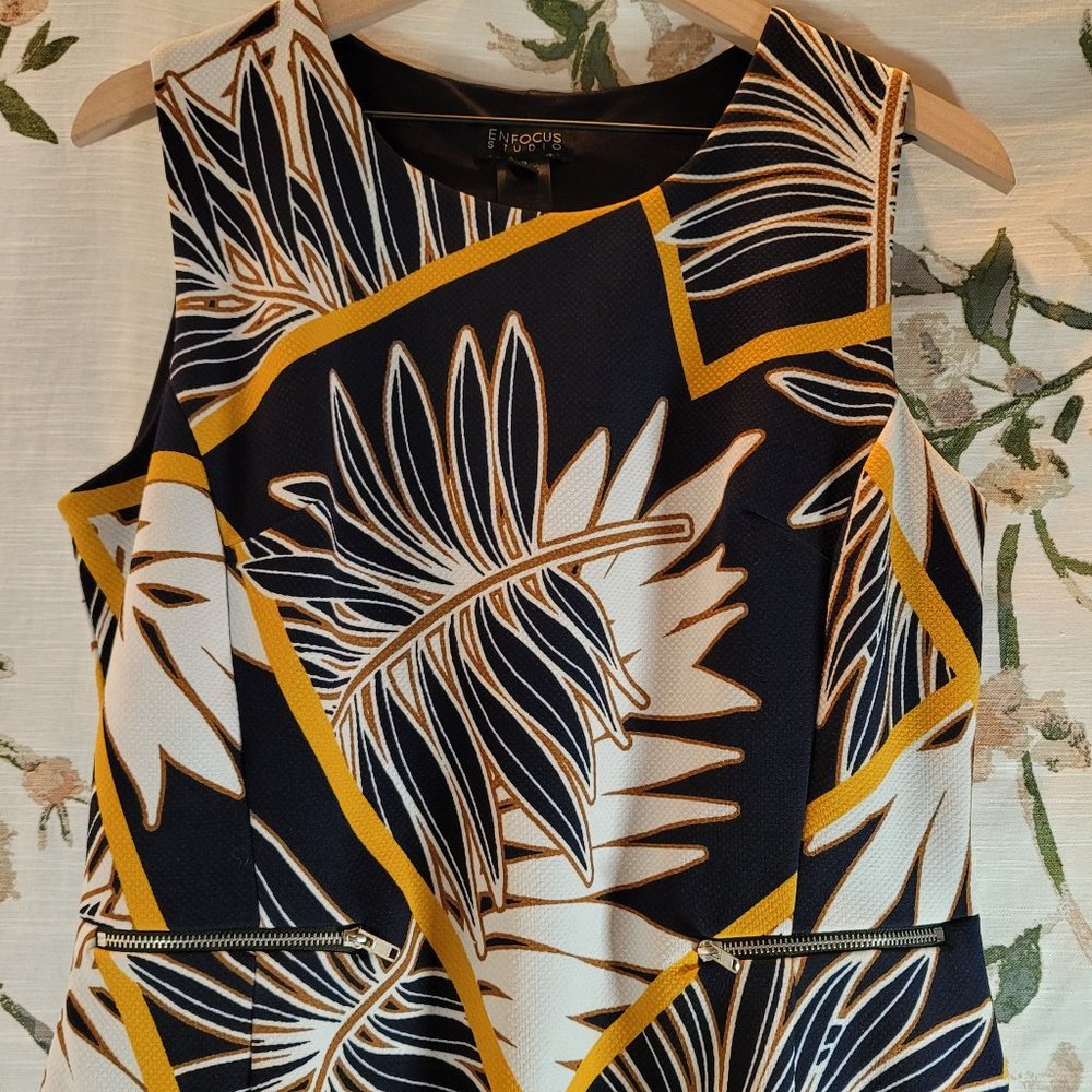 EnFocus Studio Navy/ Tan/ Golden Yellow Tropical Floral A-Line Midi Dress - Picture 2 of 7
